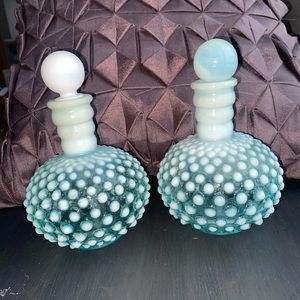 2 Fenton Blue Opalescent Glass Hobnail Print Cologne Bottles